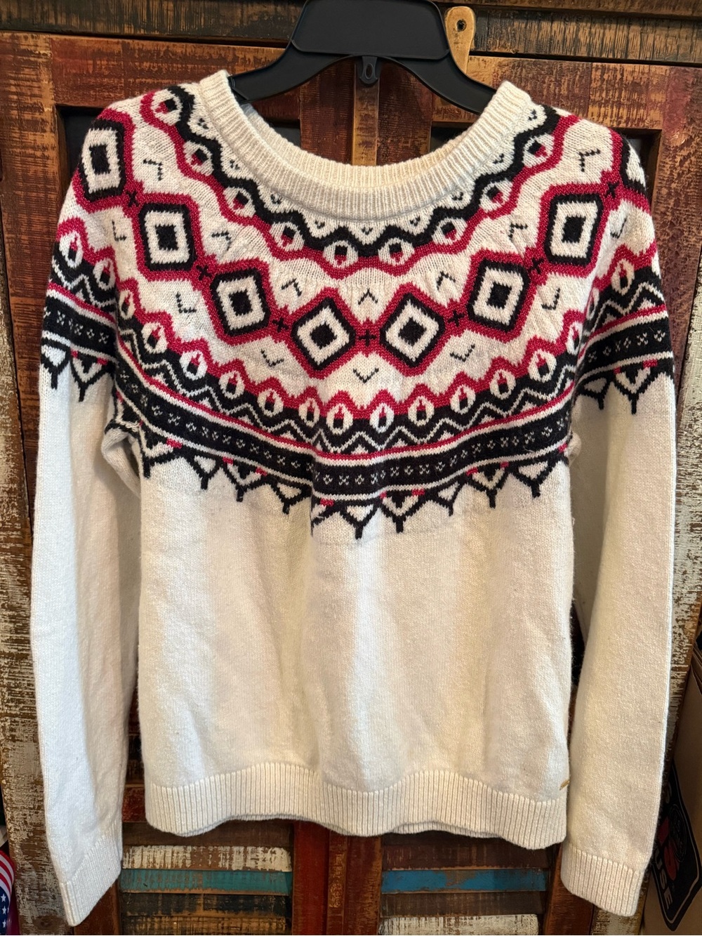 Tommy Hilfiger Cream Fair Isle Crewneck Sweater with Red & Black Accents